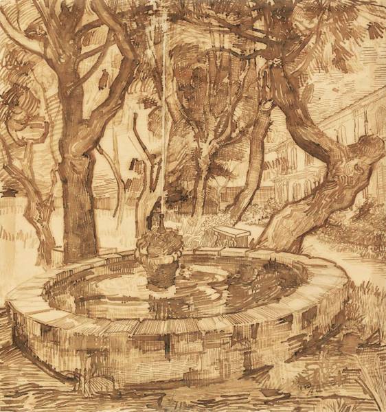 VINCENT VAN GOGH (1853-1890) 'Fountain in the Garden of the St.Paul Asylum', 1889 (brown chalk and ink on paper)